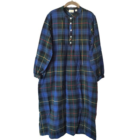 L.L. Bean Nightgown PL Multicolor Scotch Plaid Tartan Cotton Flannel Pintuck - Picture 1 of 16